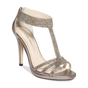 CAPARROS Womens Beige Rhinestone Strappy Maddy Round Toe Stiletto Sandals 9.5 B